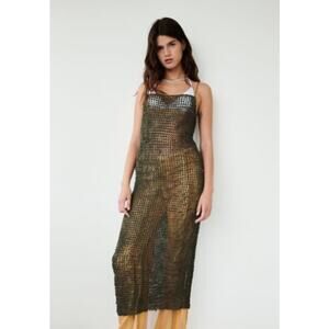 Zara Green Textured Sheer Mesh Knit Maxi / Midi Dress Spaghetti Strap Small
